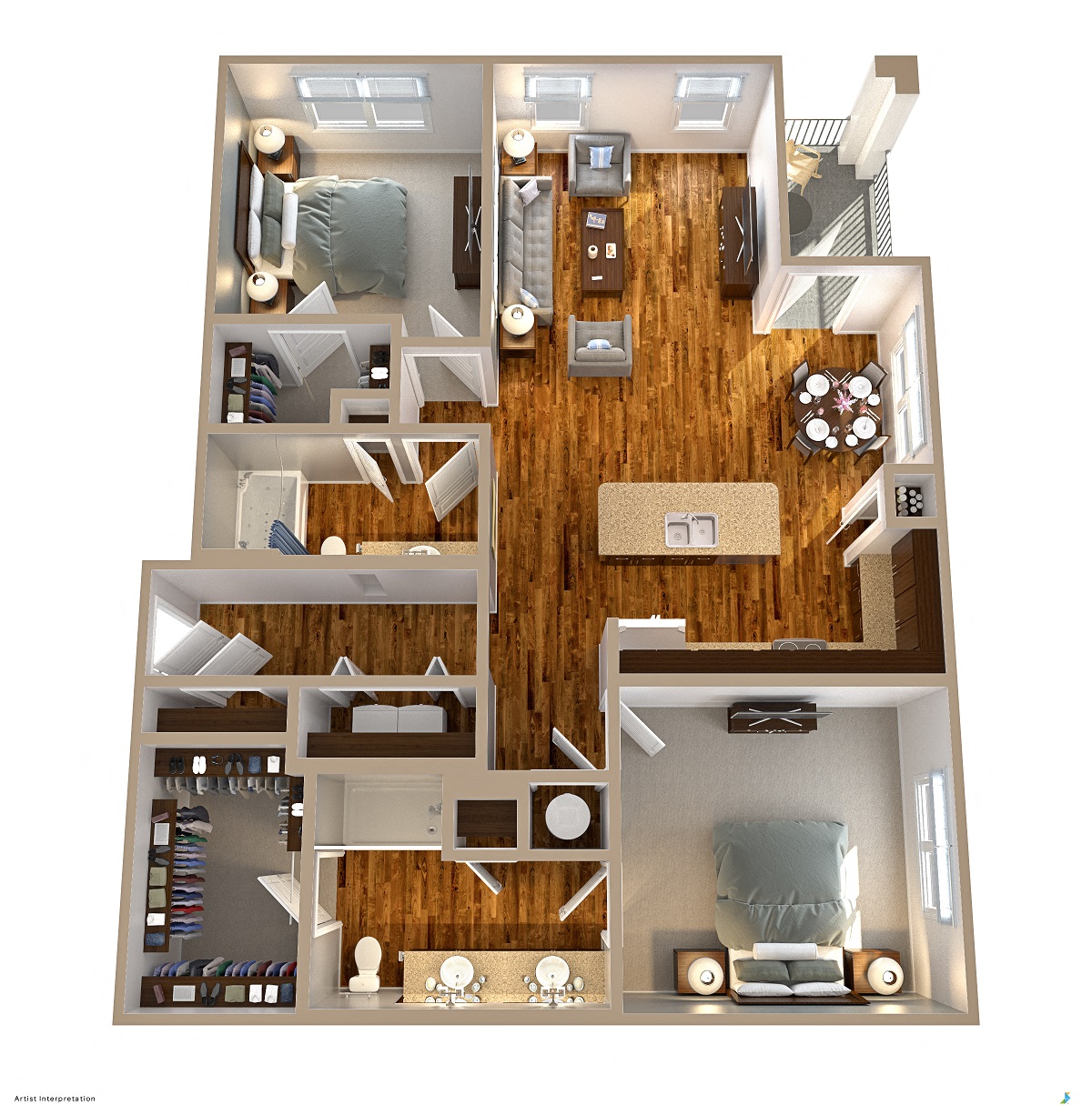 Floor plan for 2 beds, 2 baths, 1249 sqft